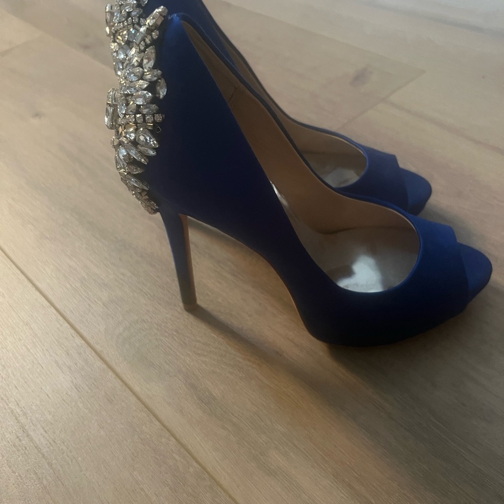 Elegant Blue Peep-Toe Heels with Crystal Embellishments